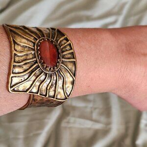 Lucky Brand Bracelet Hammered Brass Cuff with Light Red Rock